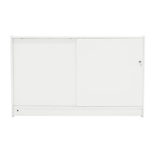 Sleek white LED retail shop counter C1500 with smooth surface, sliding door, and lockable compartment for secure storage