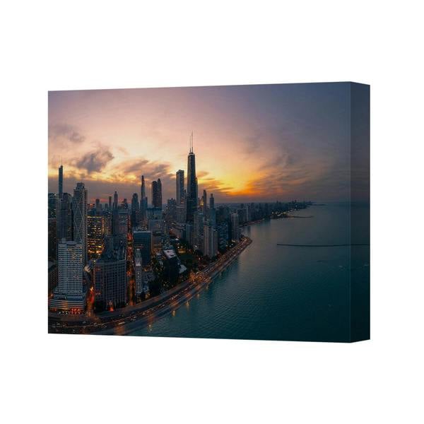 Benjamin Tate Design Sunset City Skyline Canvas Wall Art Print Over Lake Michigan