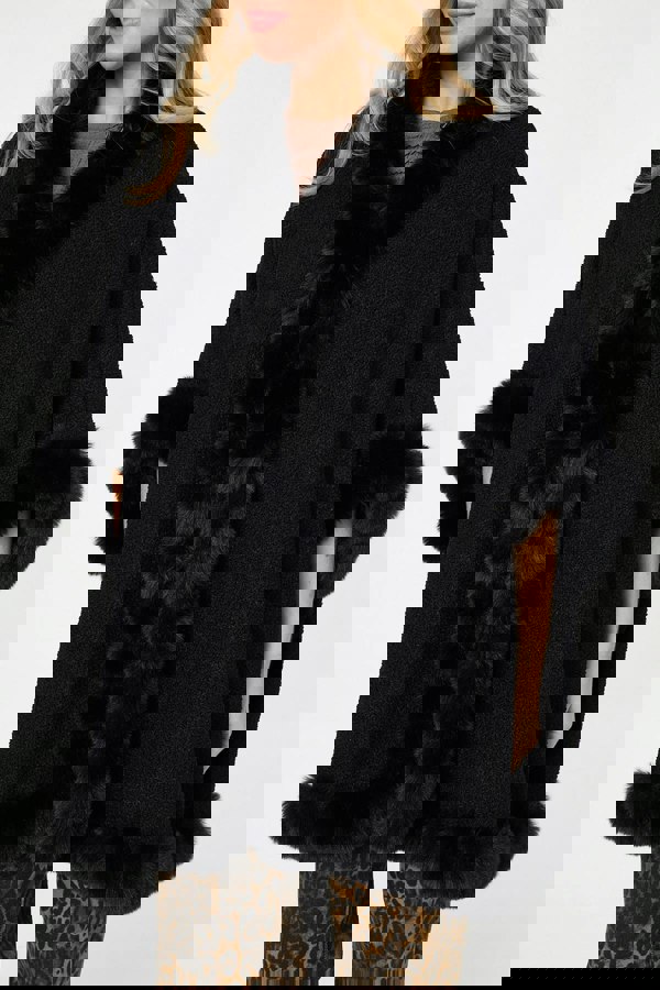 Black | Faux Fur Trim 3/4 Sleeve Poncho
