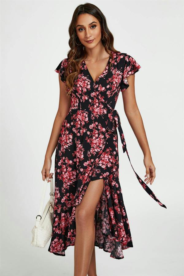 FS Collection Pink Floral Frill Sleeve Midi Wrap Dress In Black