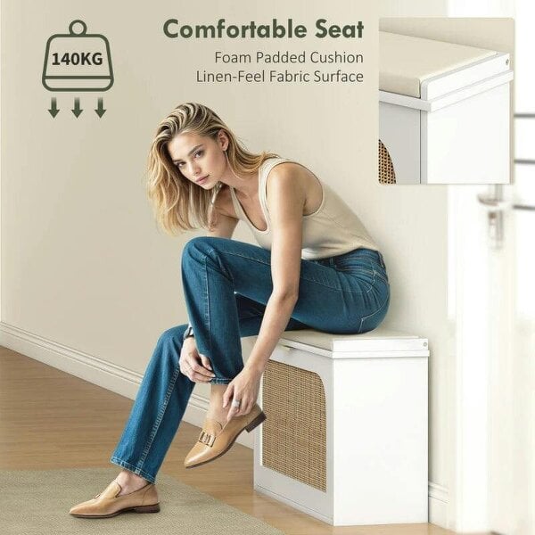 Boho Shoe Bench with Padded Seat and Flip-Drawer - White