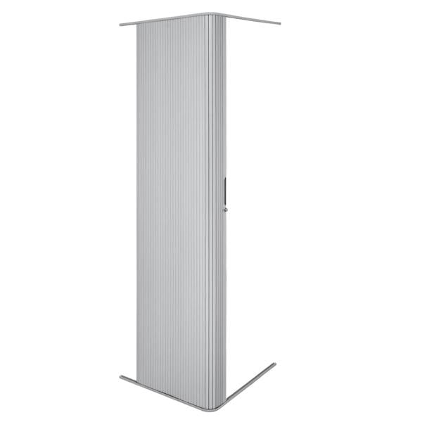 Sleek silver tambour shower door with vertical ribbed texture, modern design, and a minimalist handle for easy access