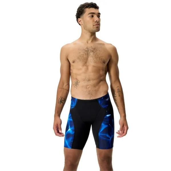 Speedo Endurance+ Max Compress black and dark blue swim jammers with glossy abstract pattern