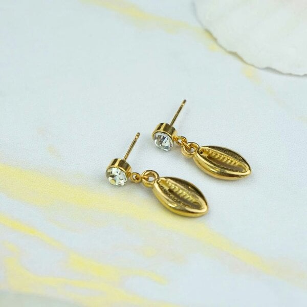 The Colourful Aura Silver Cowrie Charm Beach Sea Shell Zircon Handmade Dangle Drop Studs Earrings