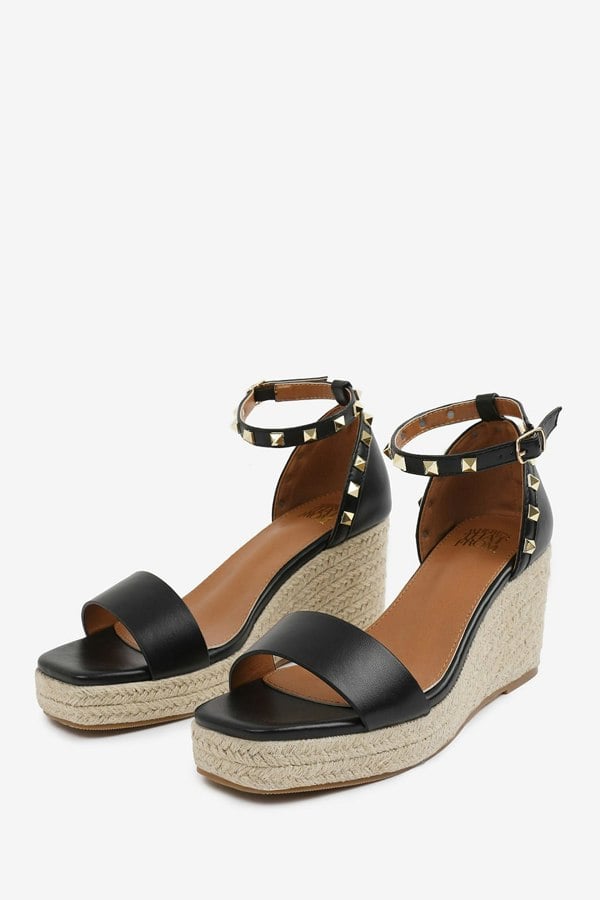 Where's That From Presley Wide Fit Wedge Sandals With Gladiator  Ankle Strap in Black Pu