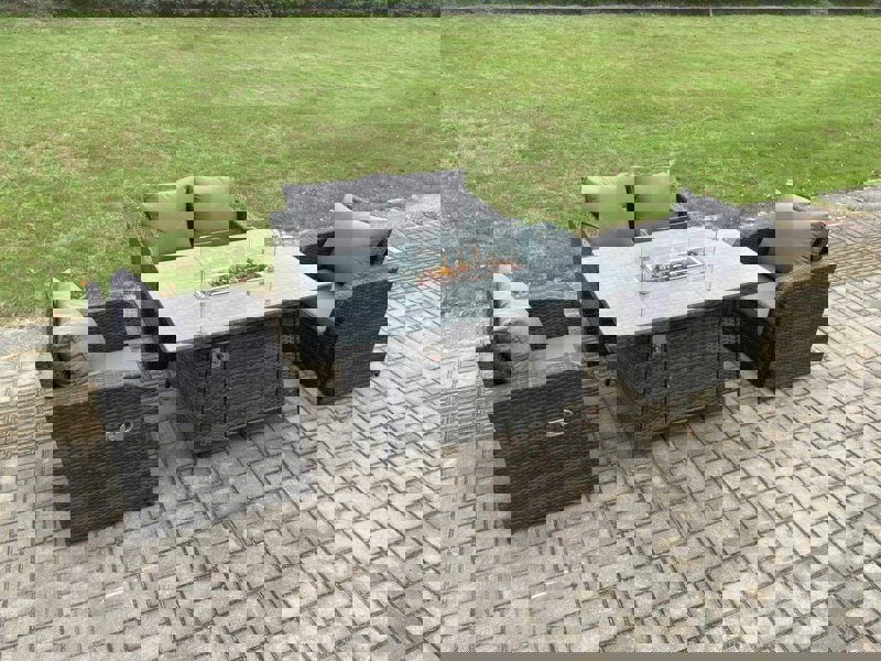 Fimous Rattan Outdoor Garden Furniture Sofa Set Gas Fire Pit Dining Table Gas Heater with Love Sofa 2 Recling Chair Dark Grey Mixed