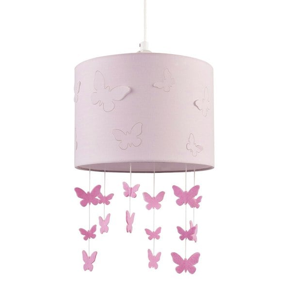 Soft Pink Cotton Fabric Childrens Pendant Shade with Butterfly Decor Image 1