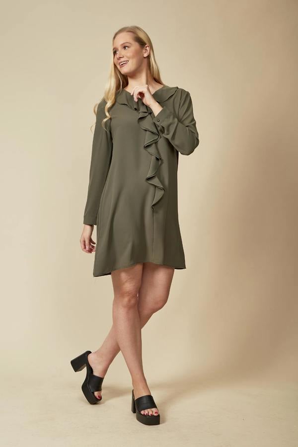 Hoxton Gal Oversized Tunic with Frill Details in Khaki
