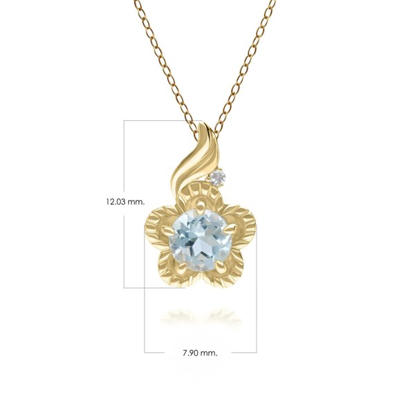 135P2097019 Floral Round Blue Topaz & Diamond Pendant in 9ct Yellow Gold 3