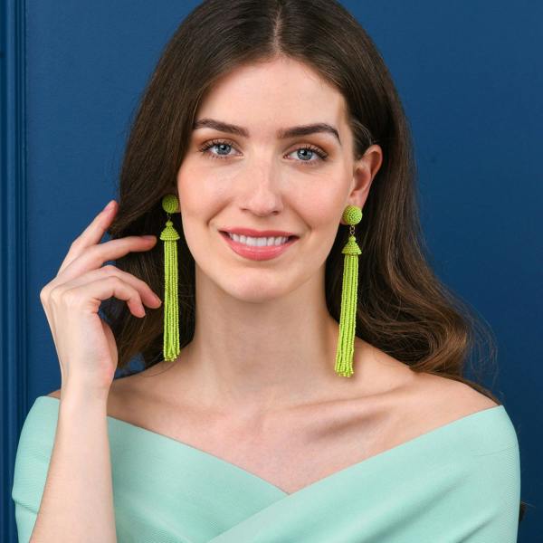 Zavana Long Bright Green Beaded Tassel Earrings for Women