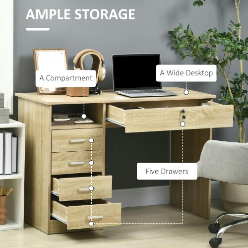 Wyld Haus Yodino 110cm Oak Finish Home Office Desk With 5 Drawers And Side Shelving