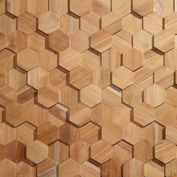 Wallsupply UltraWood Hexagon Solid Teak Wood Panels, Wall Cladding 3D Interlocking Tiles, 10pcs 0.38m²