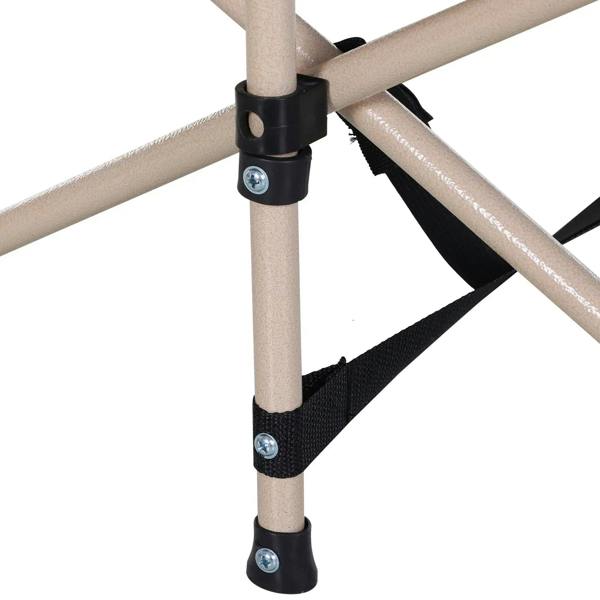 Folding camping cot leg joint with black clamp and steel frame support
