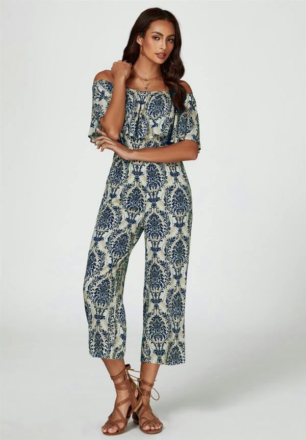 FS Collection Off The Shoulder Print Frill Jumpsuit In Navy