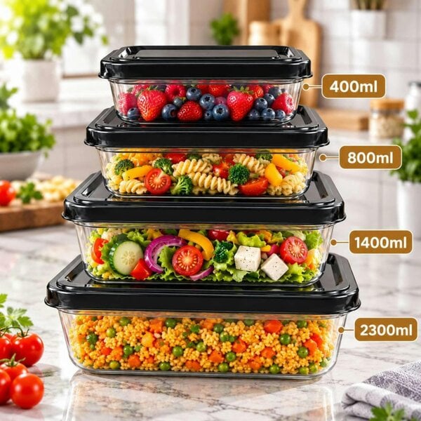 Dyzi 4 Piece Rectangular Airtight Food Storage Container Set Black