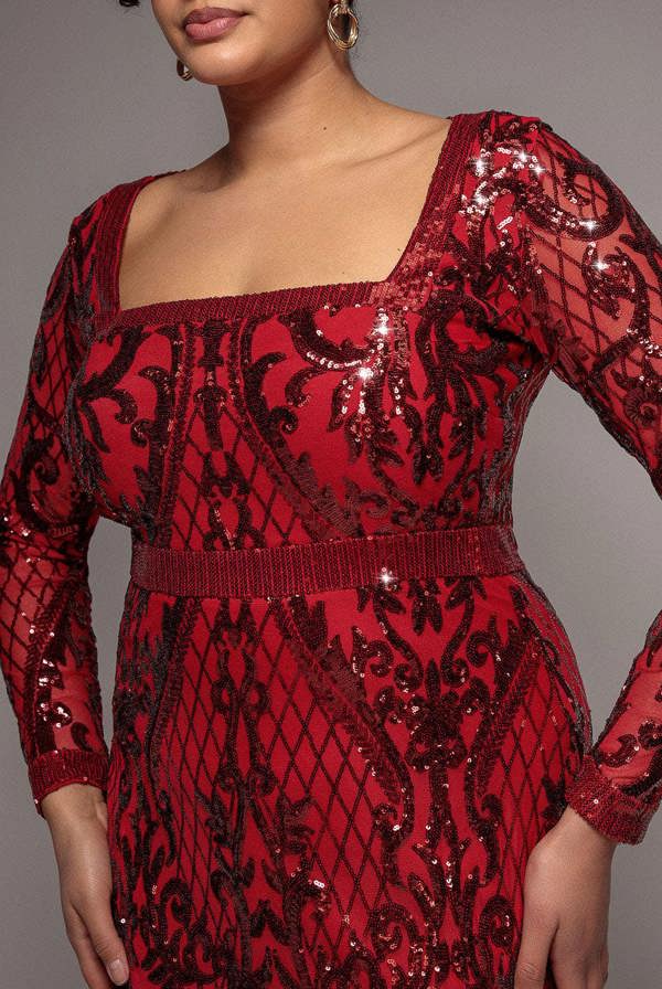 Sequin Square Neck Maxi With Scallop Hem - Red DR4038PLUS