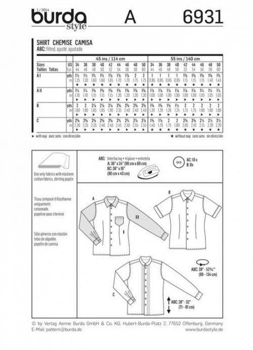 Burda Sewing Pattern 6931 Shirts For Men, 34 to 50 - Intermediate