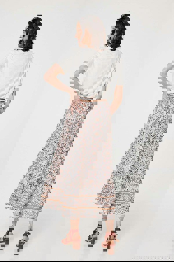 Beige | Printed Drawstring Waist Maxi Skirt