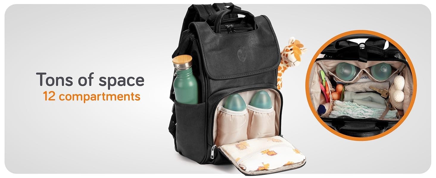 Baby Uma Award Winning Baby Changing Bag Backpack- Black Leather