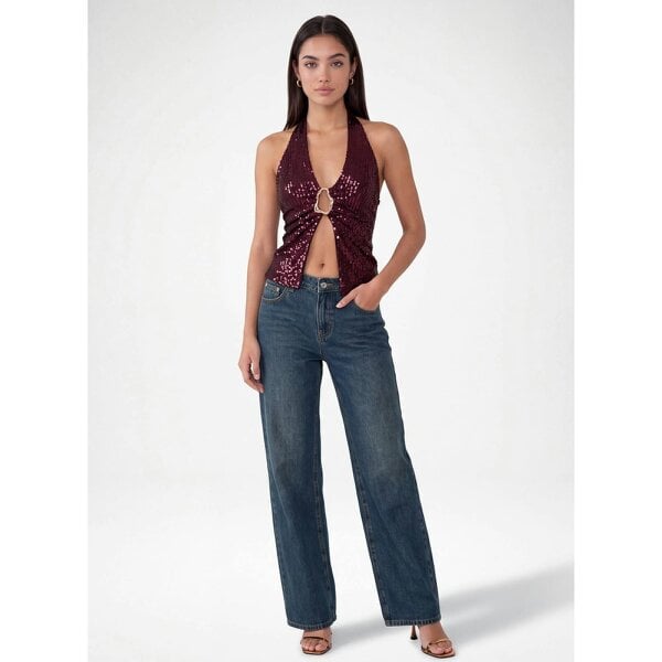 Pink Vanilla Sequin Trim Halter Top