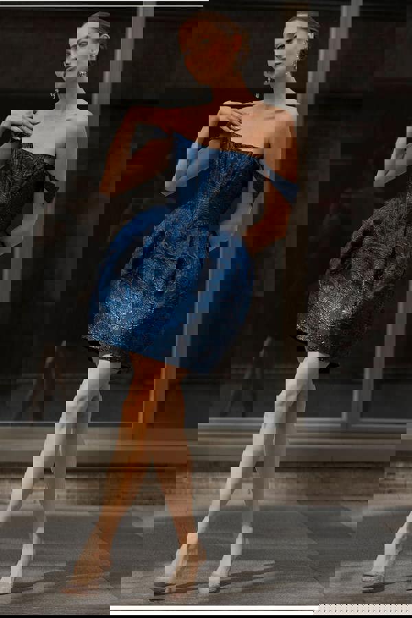 Corset Balloon Skirt Lace Up Back Mini Dress - Navy Blue DR4778