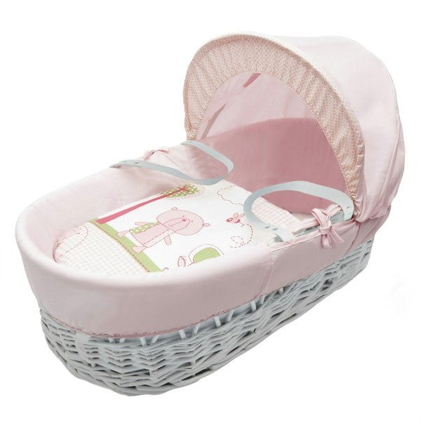 Kinder Valley Tiny Ted Pink White Wicker Moses Basket