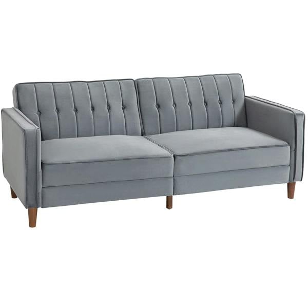 Dark grey velvet-feel three-seater sofa bed with tufted back and armrests