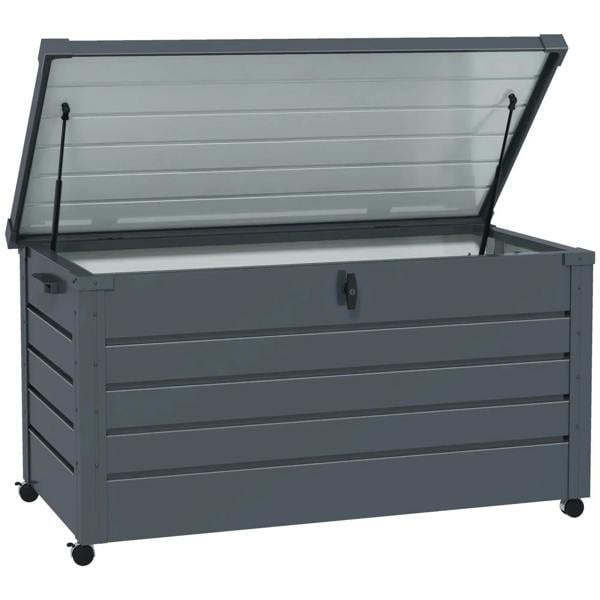 Dark grey galvanised steel garden storage box with lock, lid open, on wheels.