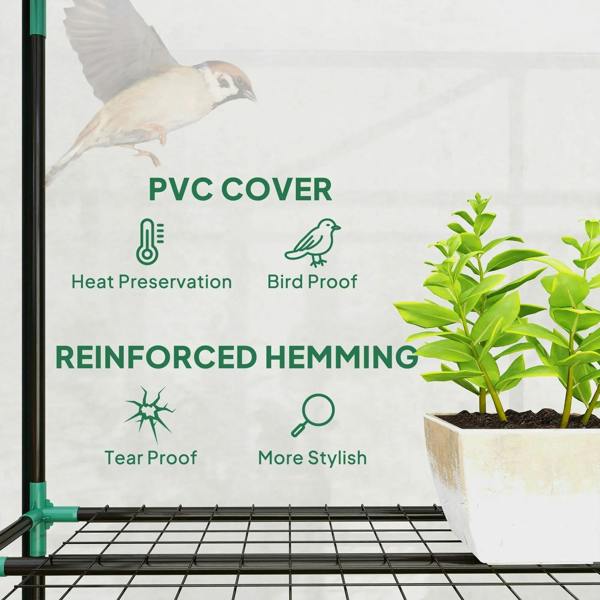 Green frame greenhouse with clear reinforced PVC cover and black base shelf