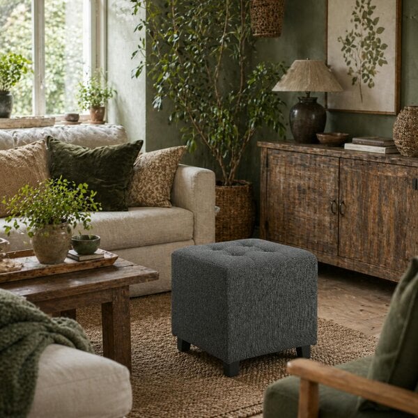 Wyld Haus Linen Grey Compact Square Footstool With Side Pocket And Black Wooden Legs