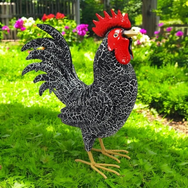 EDH Door Hardware Large Metal Black Cockerel (44cm x 16cm x 36cm) – Handcrafted Rustic Rooster Garden Ornament Farmyard Statue