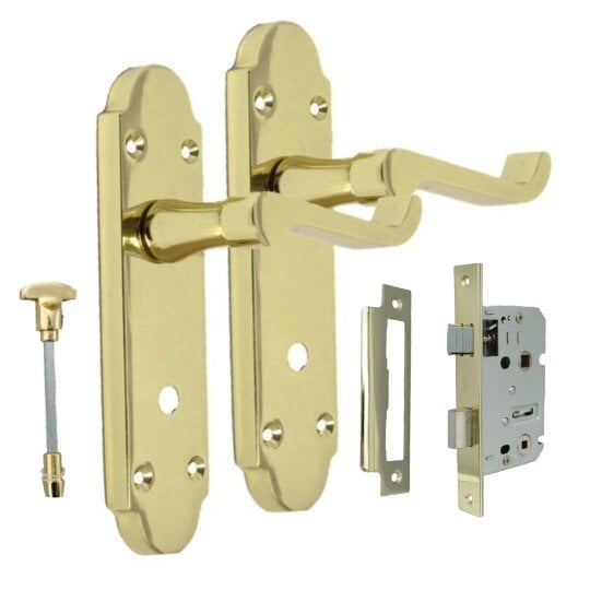 EDH Door Hardware Brass Finish Epsom Victorian Scroll on Shaped Back Plate Lock Door Handle 2 Pair