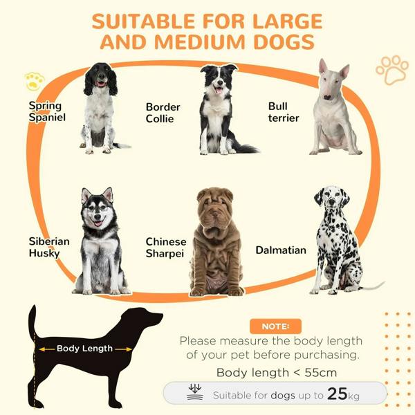 Grey dog crate table for large and medium dogs, size guidance and dog icons.