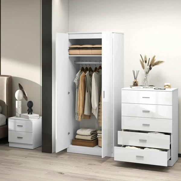 White high-gloss wardrobe open with hanging rail and shelves beside a 4-drawer chest