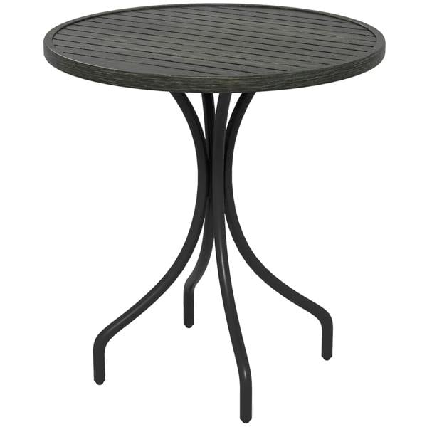 Round grey garden side table with slatted tabletop and four curved metal legs