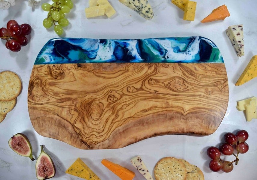 Large Rustic Olive Wood Board with Ocean Blue Resin Art 40cm