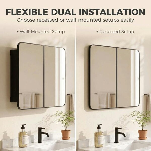 76.2 x 11.6 x 61 cm Bathroom Mirror Cabinet, Wall Cabinet with Adjustable Shelves, Wall-Mounted or Recessed, Black