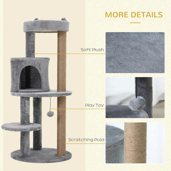 Grey plush cat tree details showing soft perch, hanging toy, and sisal scratching post