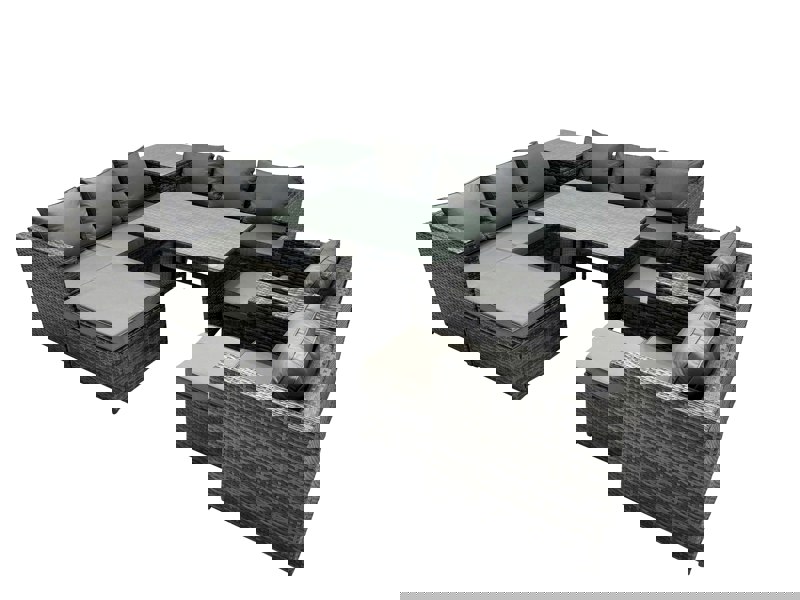 Fimous Outdoor Corner Sofa Chair Dining Table Set Garden Rattan Furniture Set 11 Seater with 3 Stool Side Table Dark Grey