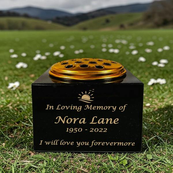 Memorials Direct Granite Memorial Vase with Sunset Design, Free Personalised Gold Engraving, Solid Granite 6 x 6 x 4 Inches