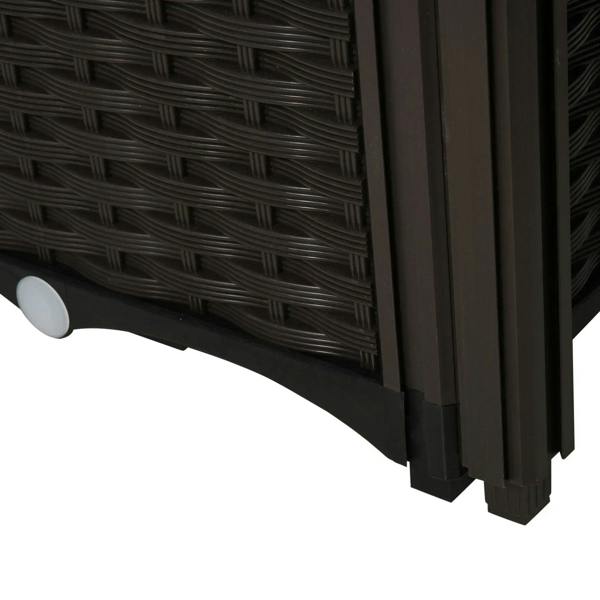 Close-up of brown raised planter box with rattan-style weave and corner leg