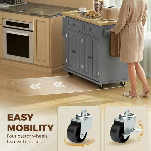 Kitchen Island on Wheels, Rolling Kitchen Trolley with Rubberwood Top, 2 Drawers, Adjustable Shelves, Grey