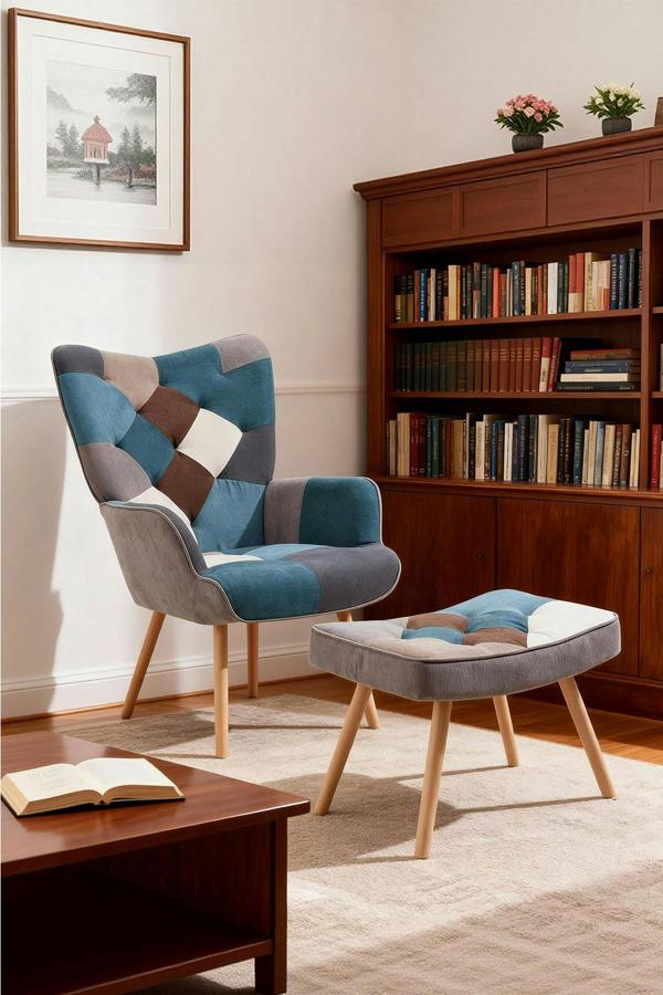 Multicoloured Upholstered Wingback Armchair with Footstool