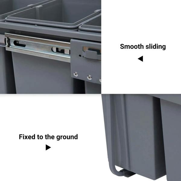 Grey pull-out bin rail mechanism with smooth sliding hardware