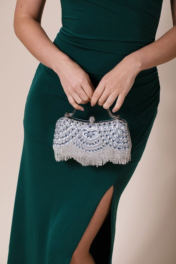 SVNX Embellished Fringe Clutch Bag In Silver