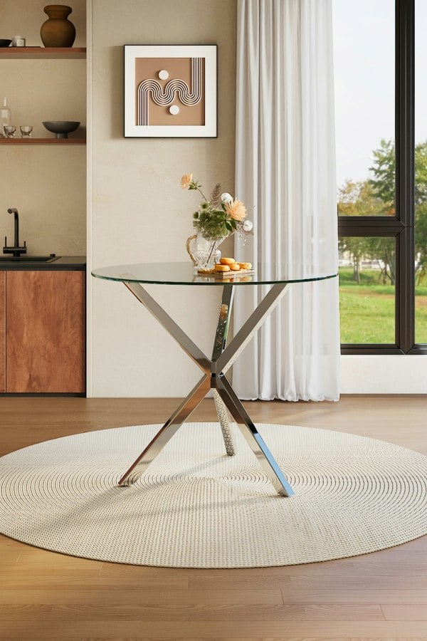 Living and Home Modern Clear Tempered Glass Dining Table Coffee Table with Chrome Three-Way Crossed Legs