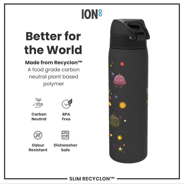 A black water bottle, featuring a space-themed design, sits against a white background; it is made from a plant-based polymer, is BPA-free, odour-resistant, and dishwasher-safe. Better for the World. Made from Recyclon™. A food grade carbon neutral plant based polymer. SLIM RECYCLON™.