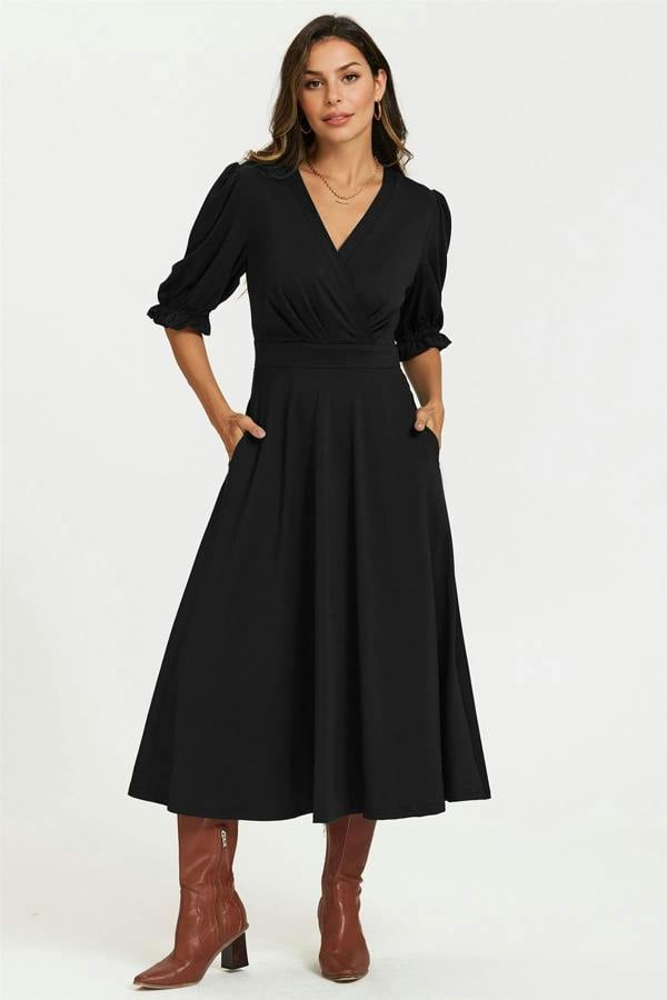 FS Collection Half Sleeves Jersey Midi Dress with Wrap Neckline In Black