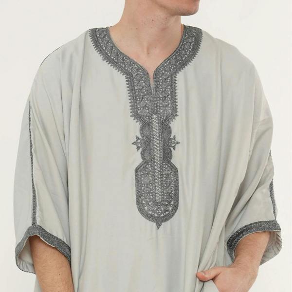 Men's Half Sleeve Embroidery Moroccan Thobe - Grey Charcoal - Thobez - 9
