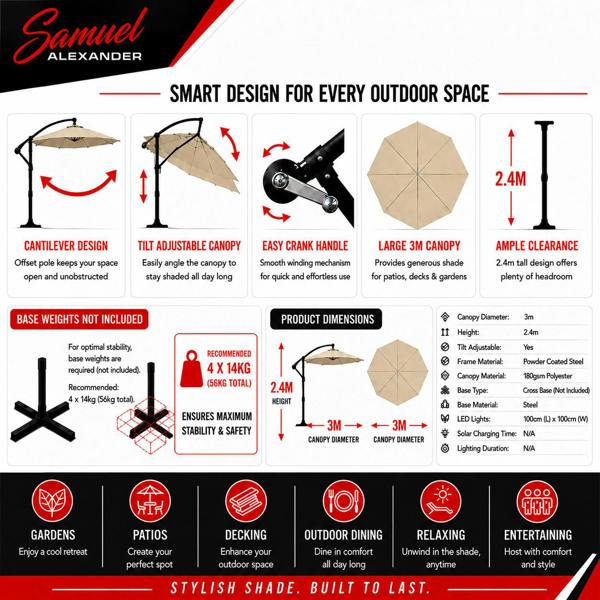 Samuel Alexander 3m Cantilever Parasol in Beige with Crank Handle - Patio Garden Banana Parasol with UV Protection Outdoor Umbrella Sun Shades-Garden